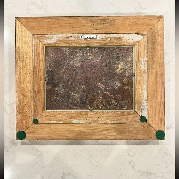 Vintage handpainted mom and daughter beach scene on tile. Gorgeous golden frame